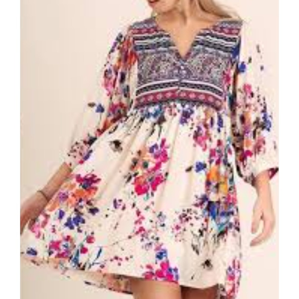 Umgee Babydoll Peasant Tunic Top Dress Long Boho Cottagecore Festival Sz S Mixed